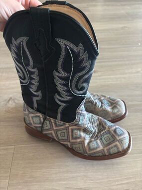 Roper Black Shaft Pink/Tan Patterned Western Cowboy Boots Girls 3Y